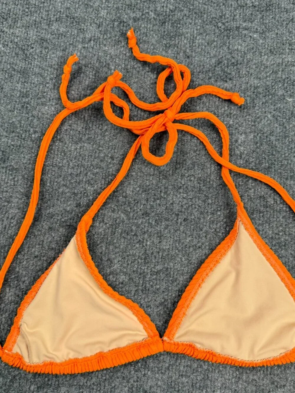Orange Textured Triangle Bikini Top No size tag measurements M/L pads missing.